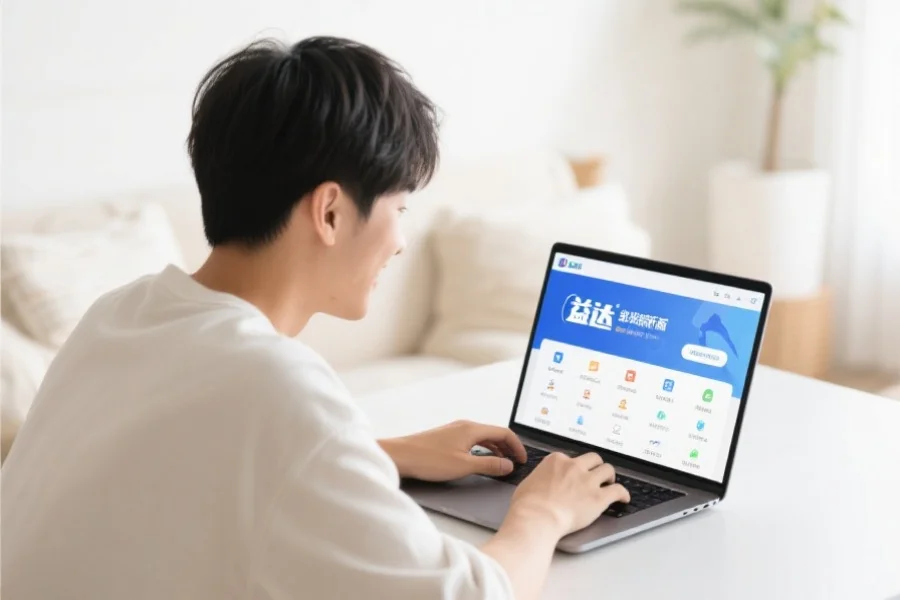 一位年轻用户在明亮舒适的室内环境中愉快地使用笔记本电脑，屏幕上展示新币客户端新版界面